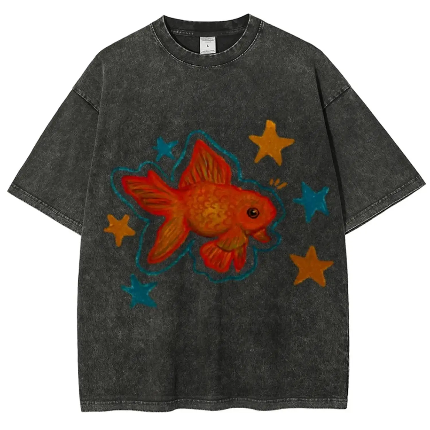 Women's Vintage Goldfish Print Short-Sleeve T-Shirt - Soft, Breathable Washed Cotton Loose Casual Streetwear Top, Shortsleeve, Tshirt, Acid Wash, Loose Cut, Beach, Painterly Fish, Chic, Preppy, Retro