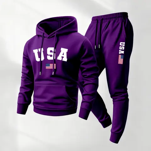 Men's 2-Piece Matching Sweatsuit Set - USA Print Long Sleeve Hoodie & Drawstring Sweatpants, Polyester Gym Street Loungewear, 2XL Fall Casual OOTD, Machine Washable Outdoor Sports Clothing Sports Set