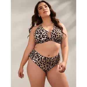 Women's 2026 New Plus Size Leopard Print Halter 2-Piece Swimsuit - Front Cutout, High-Waisted Tummy Control, Crystal Accents, Mesh Top - Swimsuit for Women for Beach Vacation,chic design,mesh top,sport bra