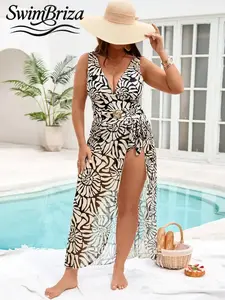 Briza｜One Piece Swimsuit With Sheer Wrap Skirt Black Cream Floral Plus Size Swimsuits And Plus Size Swimwear As Vacation Swimwear For Women A Bathing Suit With Swimsuit Cover Up For Women Tummy Control Swimwear Resort Chic