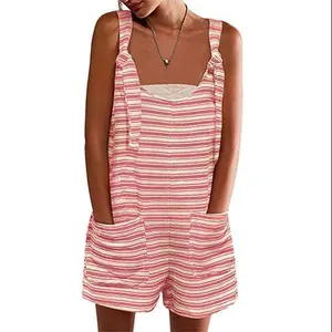 Fessceruna Womens Summer Casual Sleeveless Romper Loose Striped Tied Shorts Overalls Jumpsuit with Pockets 2025 Clothes Green Womenswear