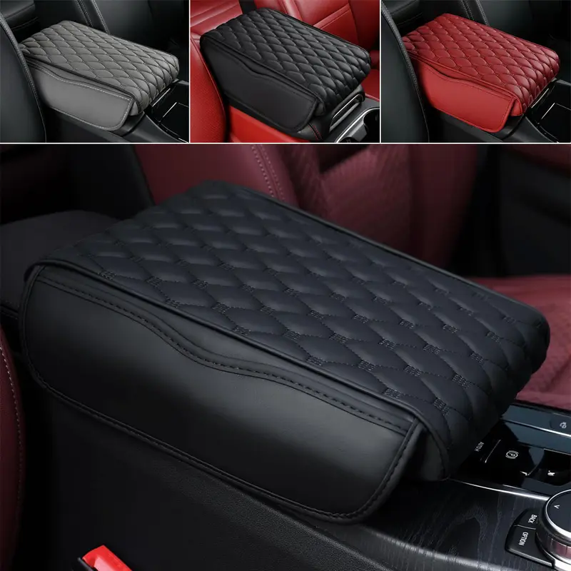 Car Center Console Cover, Leather Car Armrest Cover with 2 Side Pockets, Memory Foam Soft Auto Armrest Cushion Pad, Universal Vehicle Arm Rest Protector
