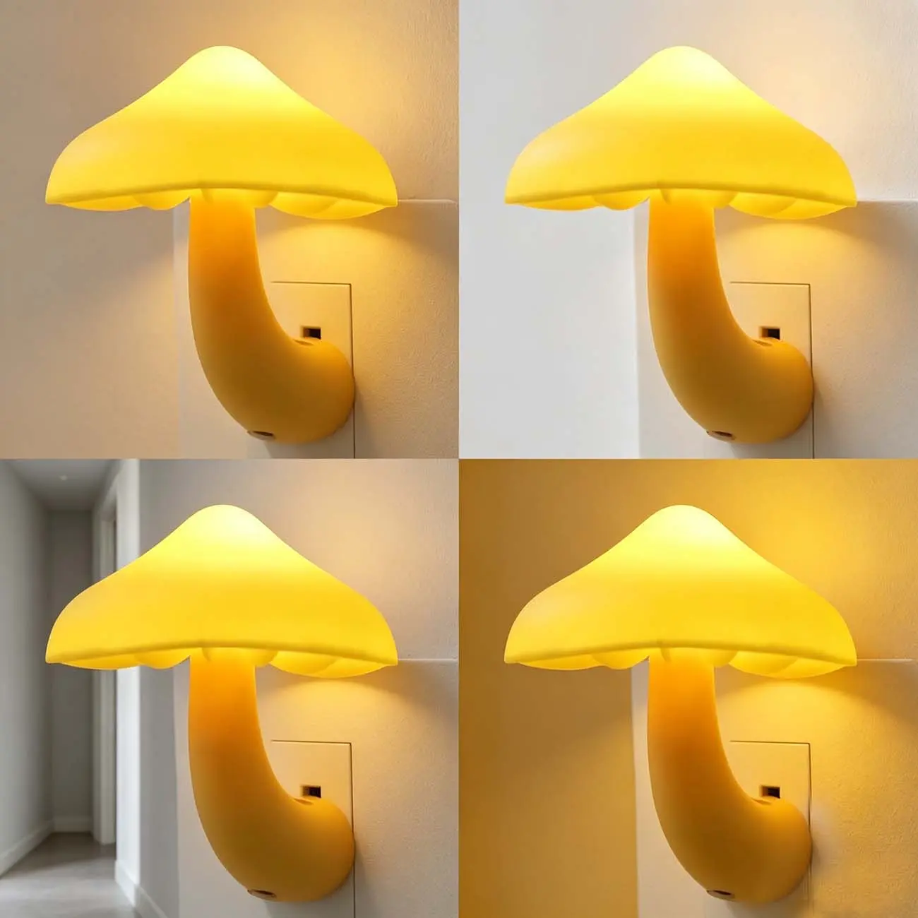 Indoor Mushroom Night Light Plug in Lamp, 4 Pack Smart Dusk to Dawn Light Sensor Wall Nightlight, Soft Warm Yellow LED Ambient Light for Bedroom Bathroom Hallway Kitchen Stairs
