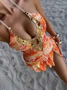Sexy Backless Leopard Print Dress, Sequined V-Neck Beachwear, Sleeveless Halter Neckline, Perfect for Vacation & Summer