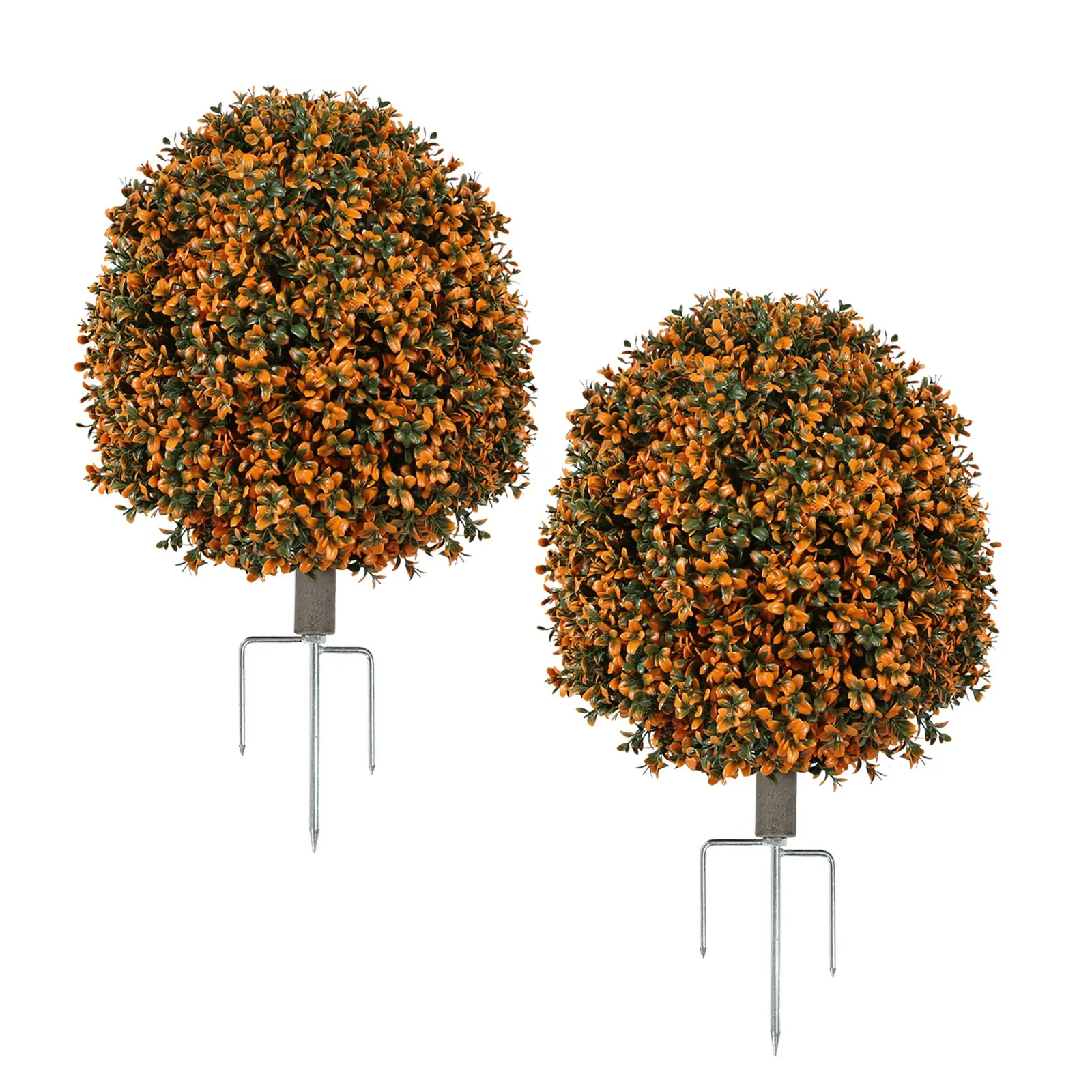25.6-Inch 2-Pack Autumn Outdoor Artificial Boxwood Plants with Ground Stake, Easy Installation for Garden Balcony Pots, Artificial Topiary Trees