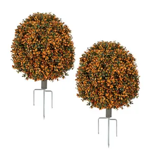 25.6-Inch 2-Pack Autumn Outdoor Artificial Boxwood Plants with Ground Stake, Easy Installation for Garden Balcony Pots