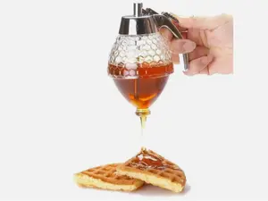 8oz No Drip Glass Honey Dispenser with Plastic Top - Honeycomb-Style Syrup Server and Bee-Themed Storage Jar with Stand - 6" Clear Container for Honey, Maple Syrup