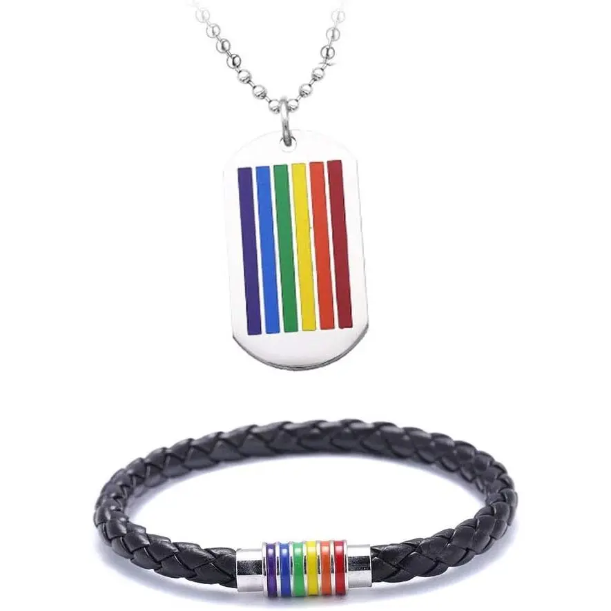 Rainbow Striped Necklace Bracelet Set Stainless Steel Dog Tag Pendant Necklace Handmade LGBT Pride Leather Bracelet for Men Women Unisex Gay Lesbian Valentines Day Gifts