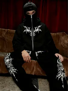 Street Dark Assassin Style Shein Hooded Masked Cardigan, Embroidered Wide Leg Pants, Thorn Pattern, Loose Fit, Functionality & Trendy