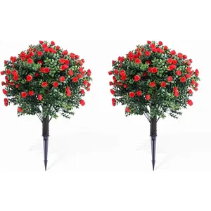 Artificial Rose Topiary Bushes with Ground Spikes, 2 Pack, PE Material, Red & Green, Decorative Faux Plants for Porch, Garden, Planters