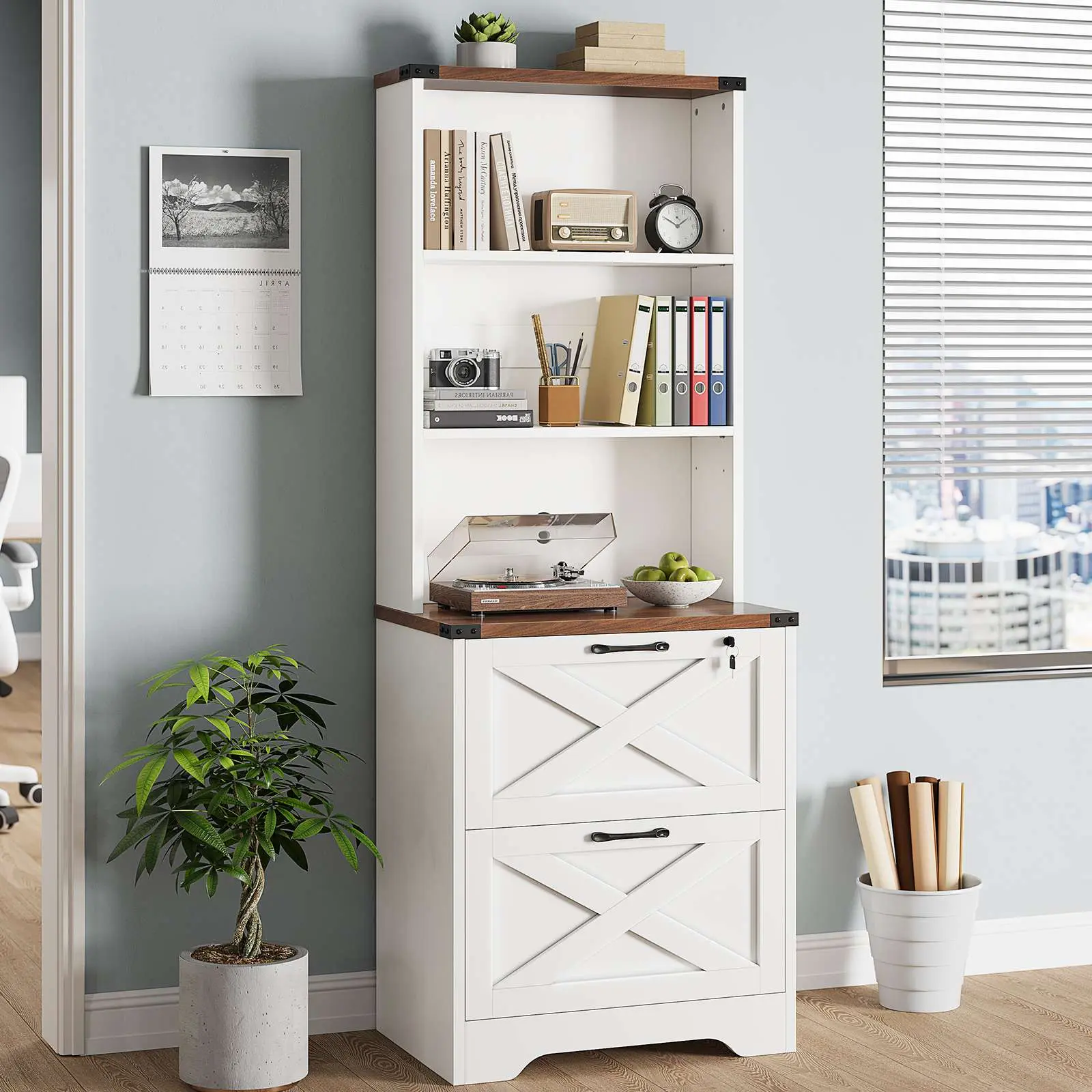 Sedeta Lockable 2-Drawer Wooden Filing Cabinet - Farmhouse Home Office Furniture, Adjustable Shelf Bookshelf Tower, Durable Printer Stand, Adjustable Cabinets Racks & Shelves, Multi-Functional Storage Organizer