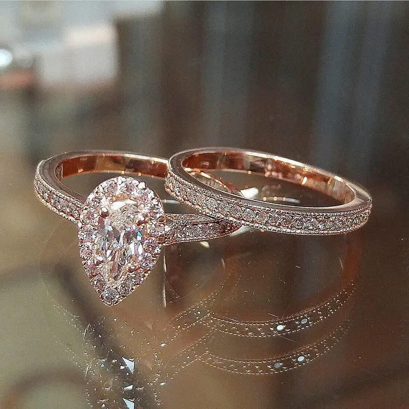 2-Piece Set, Teardrop Cubic zirconia Engagement Ring Set, Fashion Shimmering Alloy, Luxurious & Elegant Style, for Women's Daily Wear