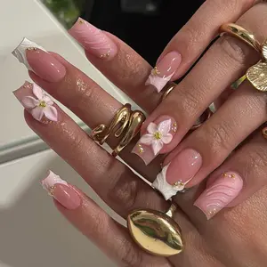 24pcs Medium Square French Nails, 3D Gel Petal Decor, Floral Embellishment, Acrylic False Nails Set, Glossy Finish, Easy Wear, Sweet Style, Suitable for Women & Girls