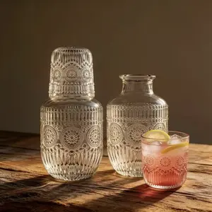 Glass Bedside Water Bottle and Cup Set with Lid, Food Grade Lead & Cadmium Free Shatter Resistant Elegant Clear Glass Drinkware, for Bedroom Guest Room Office Bathroom, Perfect Housewarming Bridal Shower Holiday Gift Idea Daily Use