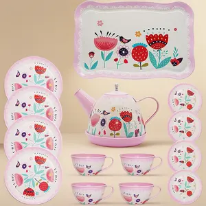 Pink Flower Design Tea Set for Little Girls, Princess Tea Time Toys, Tin Teapot & Dishes Kitchen Pretend Play Tea Party Set for Girls