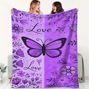 Purple Butterfly Flannel Blanket, Romantic Decorative Throw Blanket with Love Design, Soft and Cozy for Home Decor, Camping, Traveling, and Office Warmth