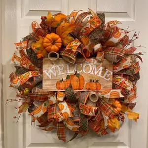 Autumn Welcome Wreath, 18-Inch Thanksgiving Pumpkin Wreath with Plaid Ribbon, Rustic Style Front Door Decoration, Fall Home Decor