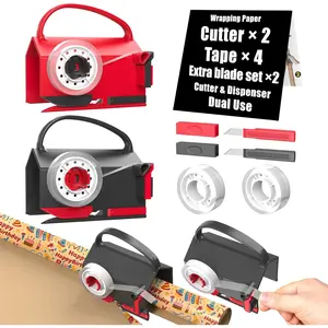 (2-Pack) Dual Use Wrapping Paper Cutter & Tape Dispenser with 4 Tapes 2 Replacement Blades, Sliding Slicing Tool for Gift Wrapping Paper Roll for Christmas Birthday Holiday