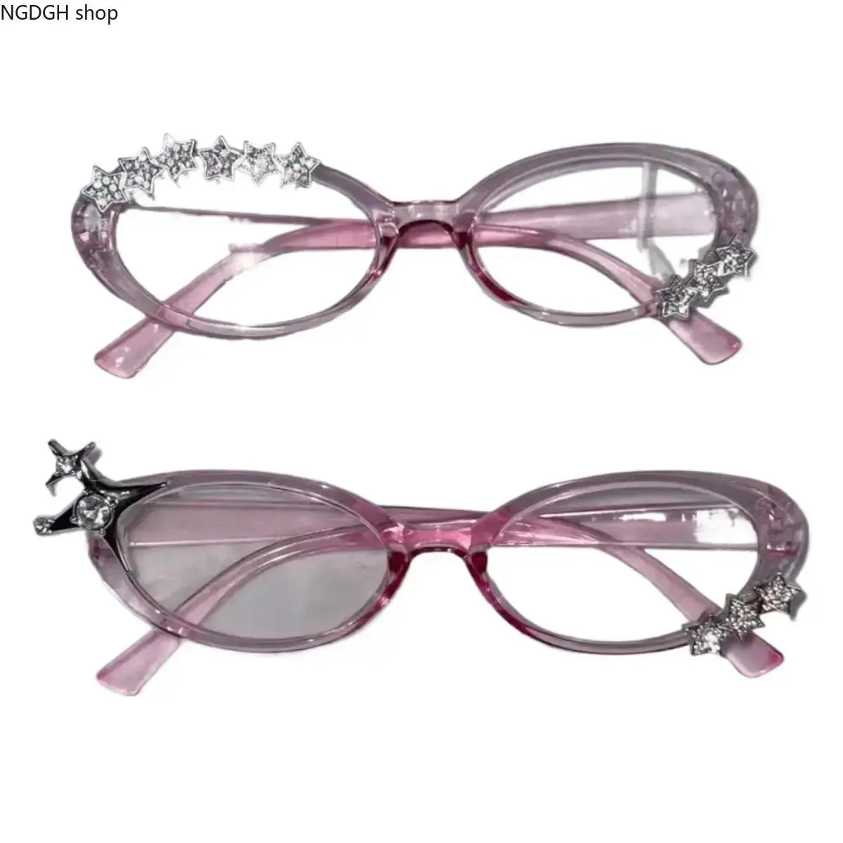Pink Star Rhinestone Cat-Eye Glasses, Y2K Clear Frame with Sparkly Star Accents, Anti-Blue Light Lenses, Statement Eyewear for Streetwear, Raves & Everyday Outfits