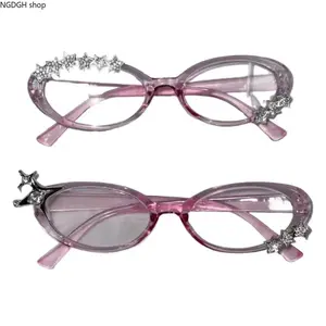 Pink Star Rhinestone Cat-Eye Glasses, Y2K Clear Frame with Sparkly Star Accents, Anti-Blue Light Lenses, Statement Eyewear for Streetwear, Raves & Everyday Outfits