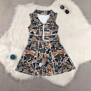 New cute Sibling Yoga Girls Brown Camouflage Sleeveless Zipper Athletic Dress with Shorts - Youth Active Wear Children Clothes Summer Girls Yoga Dress Brown camo sleeveless zipper for cute kid clothing Elastic baby  dress outfit