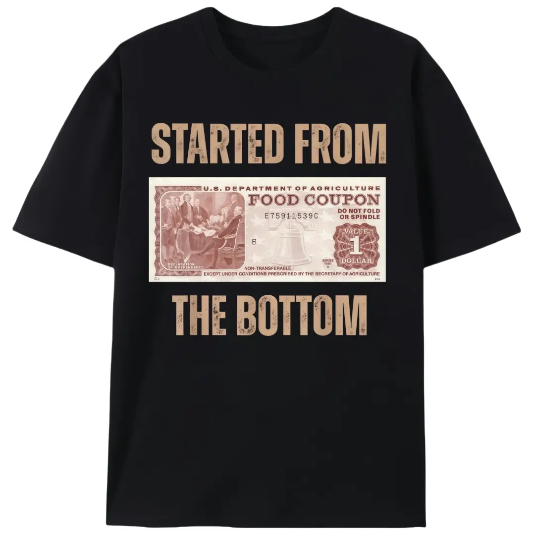 Men's Hip Hop Tshirt with 'Started From The Bottom' Print, Casual Short-Sleeve Knit with Slight Stretch, Summer Rap Fan Gift, Streetwear, Fabric