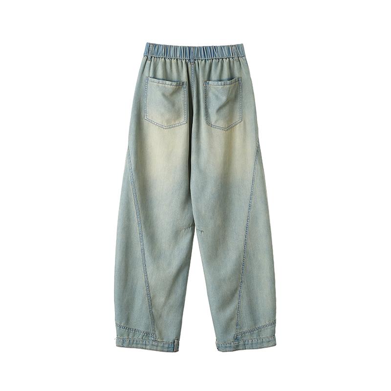 Men’s summer American vintage casual jeans, loose wide-leg curved cut, Lyocell fabric, comfortable fit