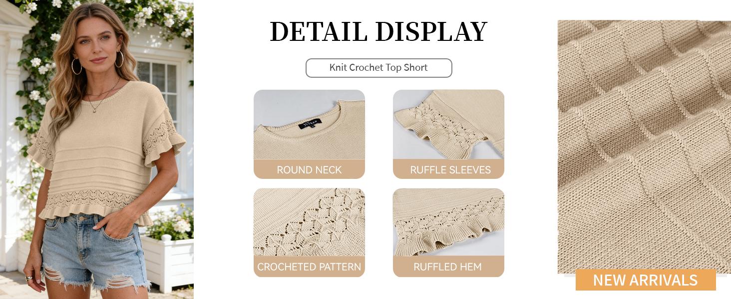 Tanming Womens Short Sleeve Sweater Round Neck Ruffled Hem Knit Crochet Pullover Casual Top Blouse Springfresh Summer Outfit