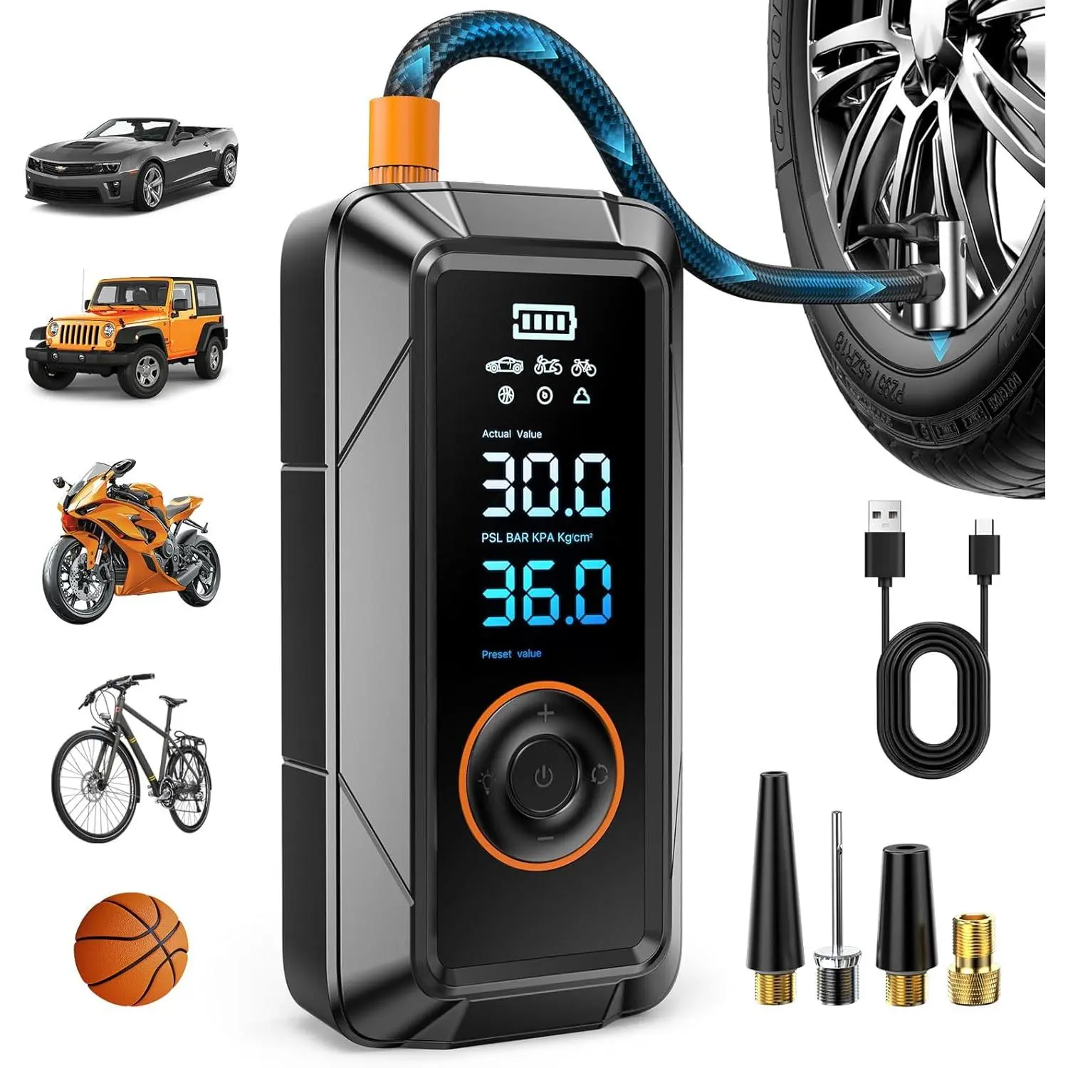 Cordless 12V DC Compact Portable Unit Automatic Tire Inflator - 1150psi Rapid Air Compressor with Auto Shut-Off, Digital Pressure Gauge, Batteries for Car, Bike, Motorcycle Tires & Balls (Emergency Repair Tool)