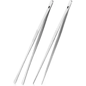 Long Handle Kitchen Cooking Tongs Tweezers - 2PCS 12" Stainless Steel Kitchen Utensils, Metal Fine Tweezers Tongs with Precision Serrated Tips for Chef, Serving Food, Grill, Culinary, Pasta, Salad, BBQ