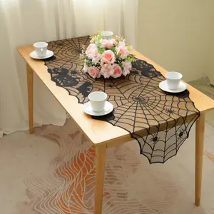 Halloween Vintage Lace Polyester Table Runner, Wrinkle-Free Smooth Tablecloths, Perfect for Outdoor Camping Dining Table, Black