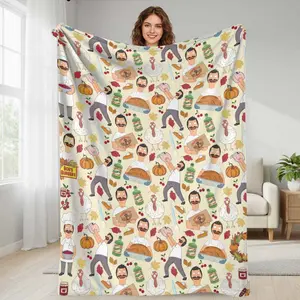 Bob's Burgers Thanksgiving Cartoon Flannel Throw Blanket - Turkey, Pumpkin, Autumn Leaves Print, Wrinkle Resistant, Durable, Soft, Warm, Lightweight, Machine Washable, All Season Blanket for Home Sofa, Bed, Holiday Gift Decor by summerwins