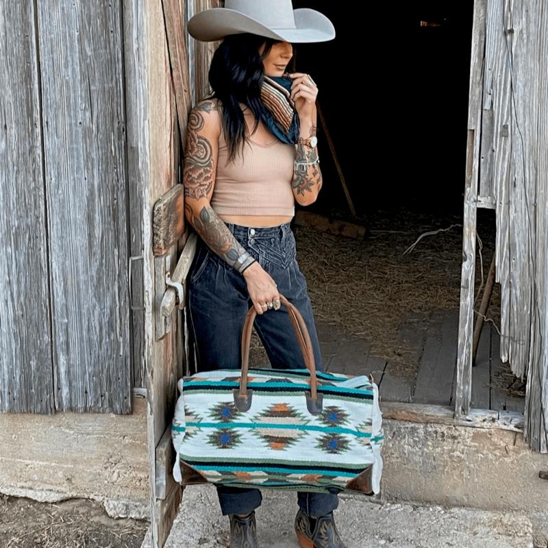 Boho Aztec Large Weekender Southwestern Duffel Bag Aspen Saddle Blanket Bag 100% Leather Handles