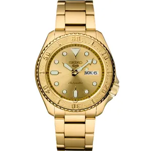 Seiko SRPE74 5 Sports Automatic Watch Gold Dial & Band Stainless Steel Case Hardlex Crystal 10 Bar Water Resistant