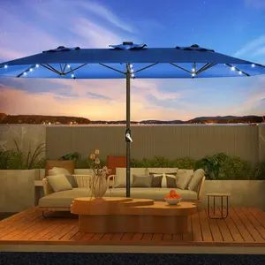 【Christmas Gift】15ft Large Patio Umbrella with Solar Lights, Double-Sided Outdoor Market Rectangle Umbrellas with LED Lights, Umbrella Base (Stand) Included