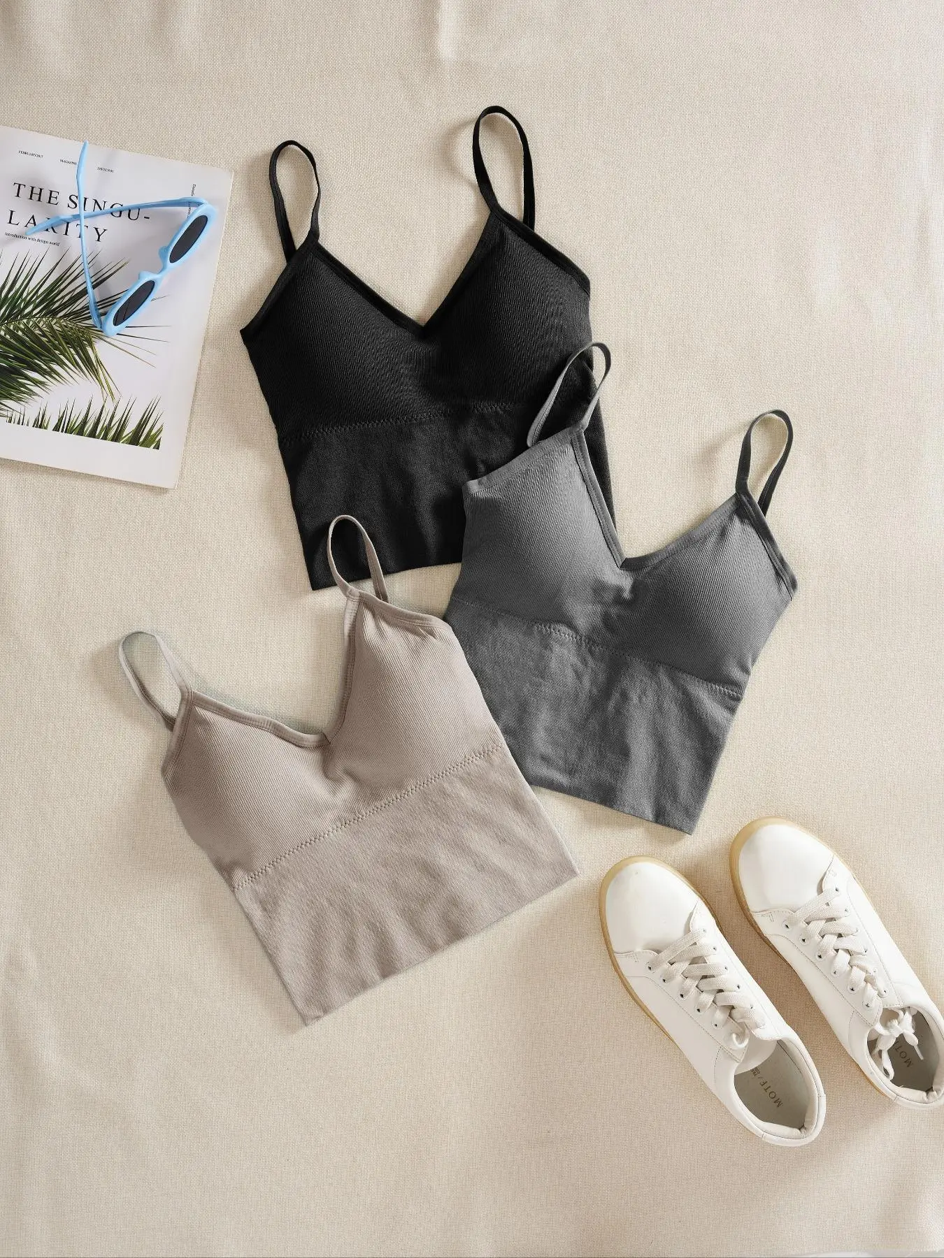 Women's 3pcs Solid Criss Cross Backless Crop Sports Vest, Casual V Neck Cut Out Crop Camisole for Yoga Gym Workout Running, Ladies Sportswear Clothing