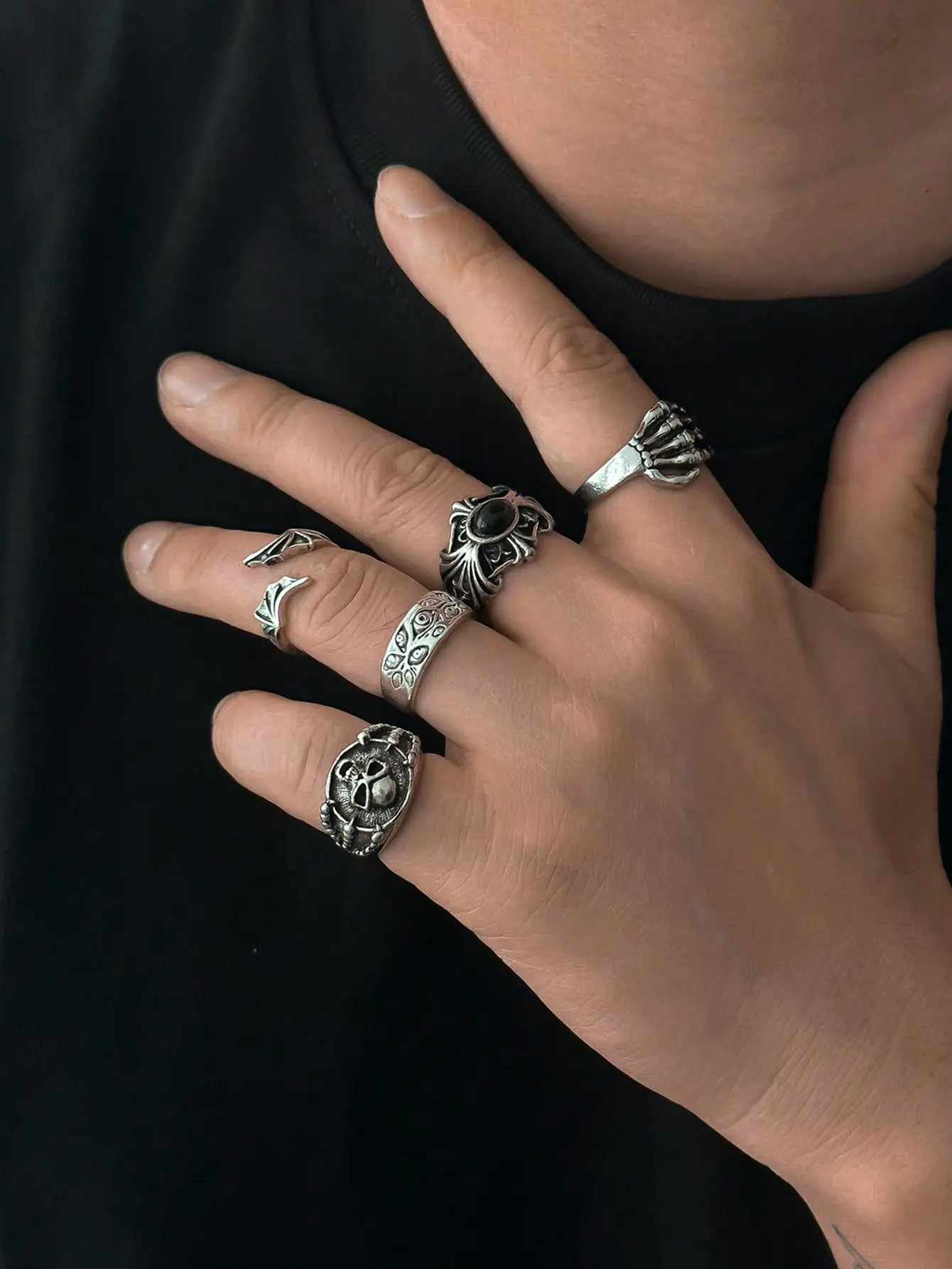 5/6pcs Fashionable Street Style Gothic Skull Themed Multi-Element Ring ...