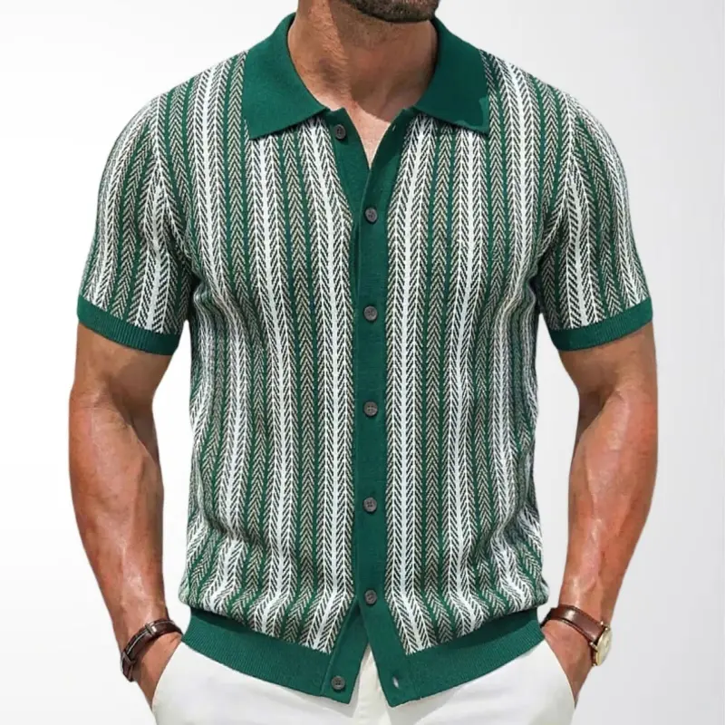 Men’s Striped Jacquard Knit Polo Shirt - Smart Casual Style, Vintage Notched Collar, Button-Front Short Sleeve, Summer New Arrival, Casual-Business Wear, Father’s Day Gift, Party, Chic, Fitted Cut, Retro Chic, Fabric, Thanksgiving, Vintage Chic