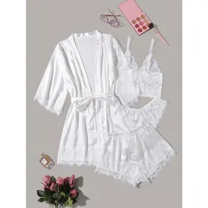Women's Honeymoon Sets Silk Satin Bridal  Pajamas Set 4pcs Floral Lace Cami Sleepwear with Robe