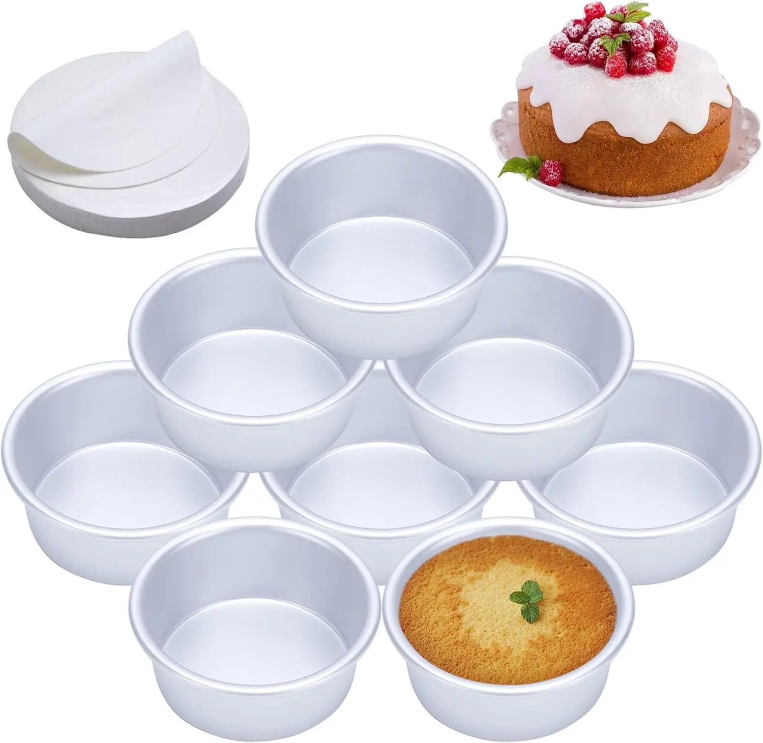 4 Inch Cake Pan Set of 8, Anodized Aluminum Round Baking Pans with Parchment Paper, Non Toxic Leakproof for Cheesecake Pizza Quiche USA