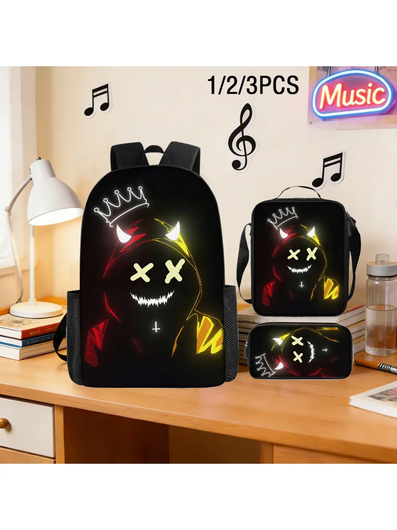 3pcs Dark Style Cool Hacker Backpack Set, Night Outlaw Theme Spacious Oxford Cloth Travel Bag with Laptop Compartment Double Shoulder Bag