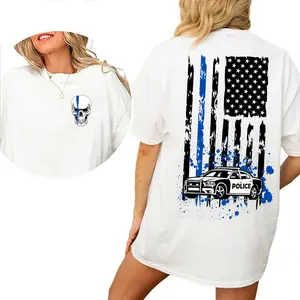 [100% Cotton] Thin Blue Line Police T-Shirt, Patriotic Police Back Print Graphic Tee, American Flag Law Enforcement Shirt, Vintage Distressed Short Sleeve Tshirt, First Responder USA Outfit, Gift For Police Men Women.