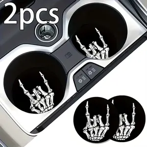 [Absorbent Coaster] Skull Finger Pattern Car Coaster | 2pcs | Absorbent | Cup Holder Mat | for Car Interior and Home Use | Car Interior Accessory