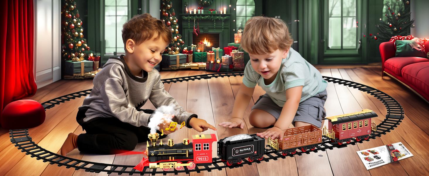 Hot bee Christmas Steam Locomotive Train Set - Electric Trains Cars & Tracks, Sounds & Lights,Christmas Toys for Kids, Incorporating Christmas Train and Model Train Layout Elements