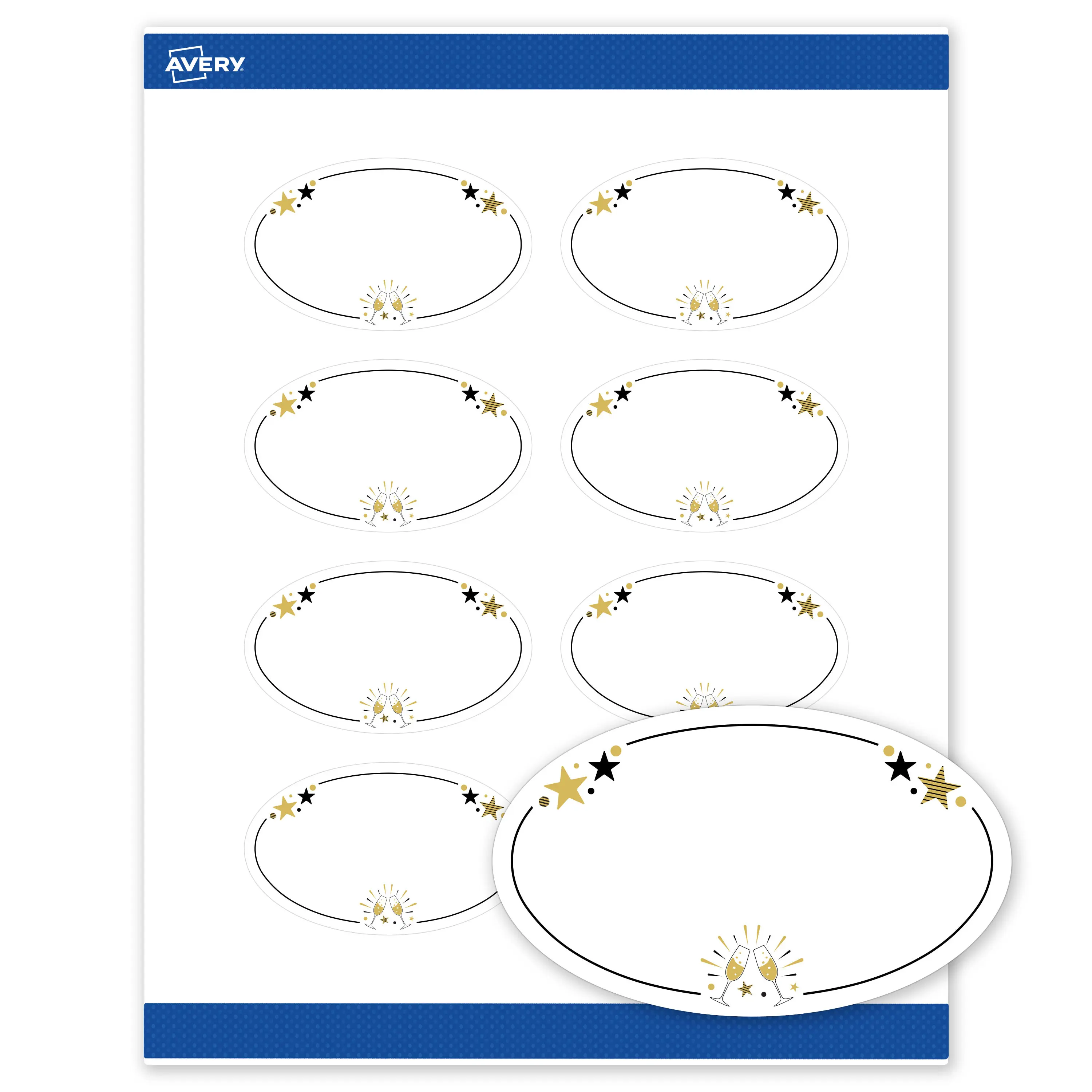 Avery® Printable Oval Labels, 2" x 3-1/3", Matte White, Pre-printed Gold Stars & Toast Frame Design, Sure Feed® Technology, Laser/Inkjet Compatible, 160 Total, Great for New Year's Branding