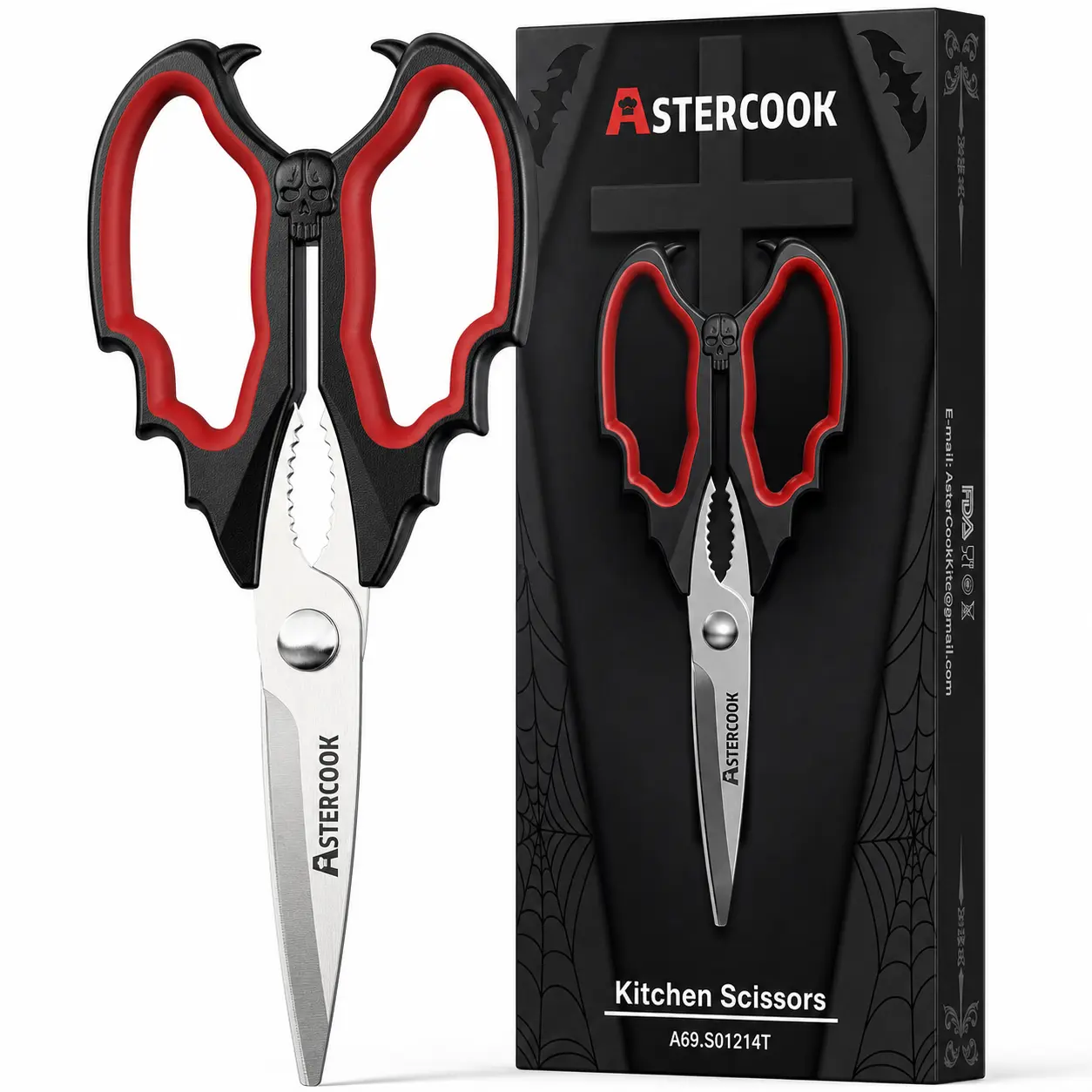 Astercook Kitchen Scissors, Stainless Steel Kitchen Shears with Grippy Handle, Dishwasher Safe Food Scissors with Bottle Opener and Herb Stripper for Meat, Vegetables and Meal Prep