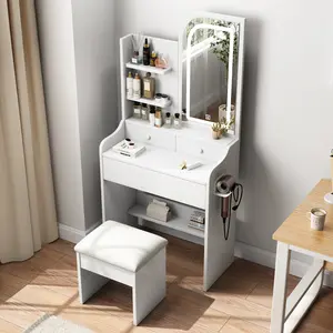 Vanity Desk with Mirror and Lights for Makeup with hair dryer holder and Chair, Vanity Mirror with Lights and Table Set with 3 Color Lighting Brightness Adjustable, 3 Drawers, White Color