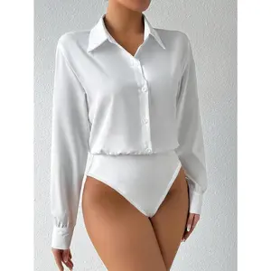 2025 Button-Front Long-Sleeve Bodysuit, Elegant Solid-Color Collared Bodysuit, Women’s Clothing, Women’s Tops 2025