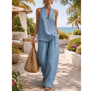 Women’s Boho Summer Halter Neck V Neck 2 Piece Set Sleeveless Loose Top & Wide Leg Pants Casual Linen Beach Vacation Outfit