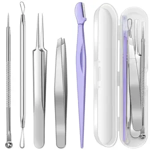 Pimple Popper Tool Kit, 6 Pcs Blackhead Remover Tools for Face and Nose, Ingrown Hair Removal Kit with Pimple Extractor, Pore Extractor, Tweezer, Razor